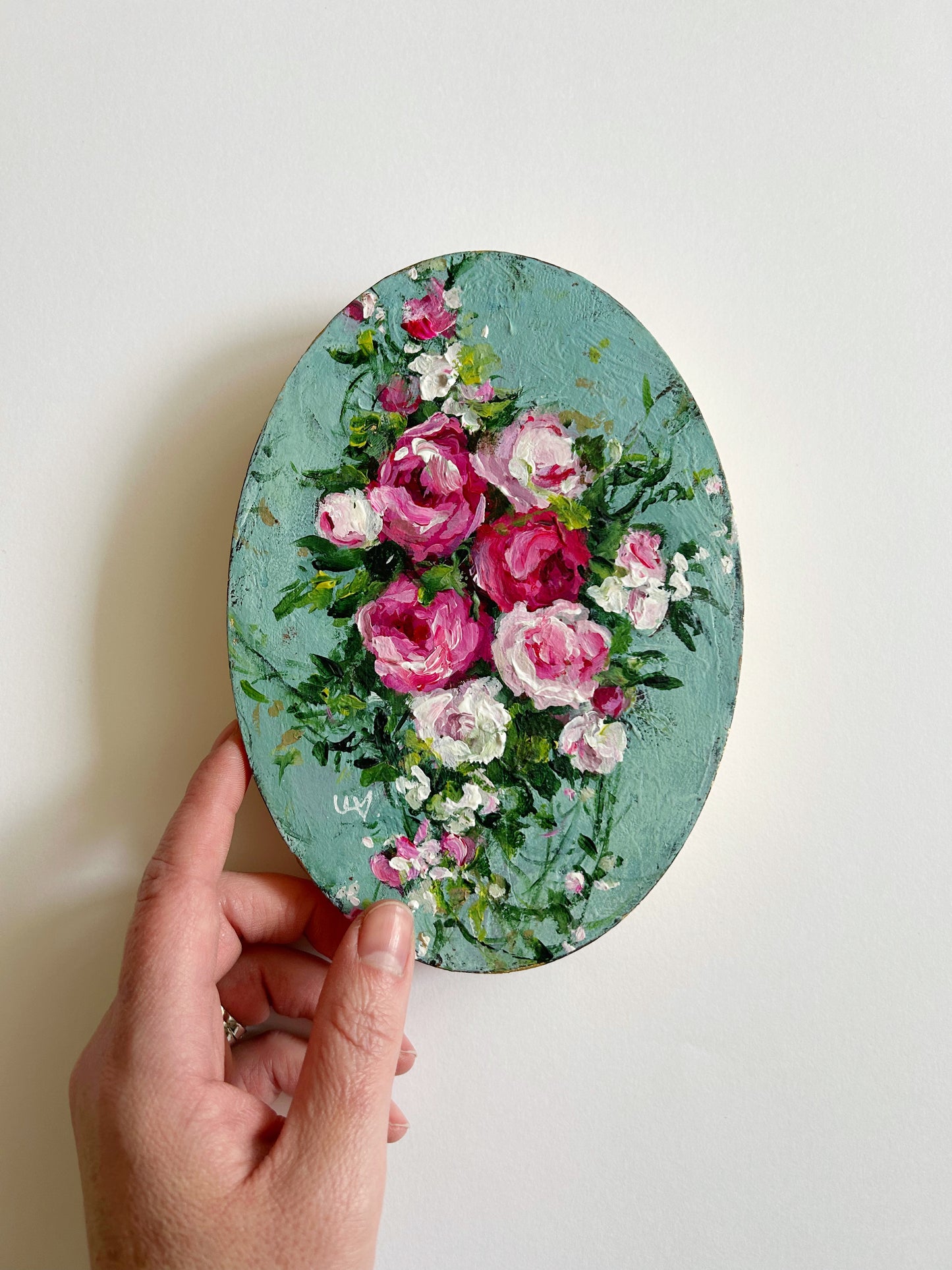 Pink Roses on Tiffany Blue ~ Oval Series