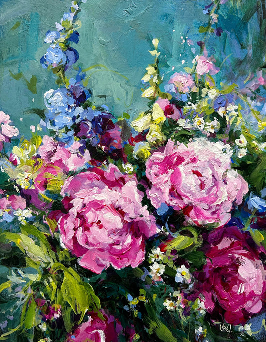 Ursula maser, art pink peonies with teal sky, original art, acrylic, floral impressionistic painting