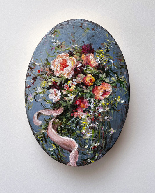 Apricot Roses on Denim Blue ~ Oval Series