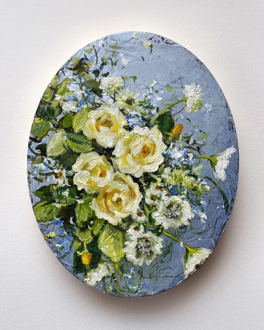 Lemon Yellow Roses on Blue ~ Oval Series
