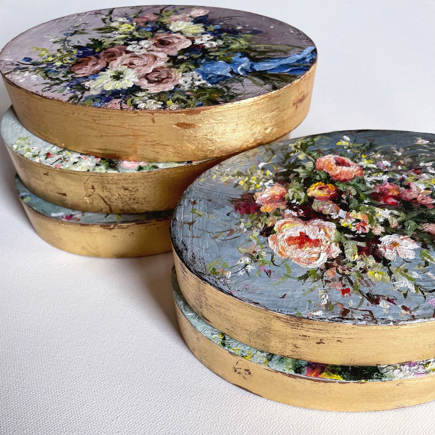 Apricot Roses on Denim Blue ~ Oval Series