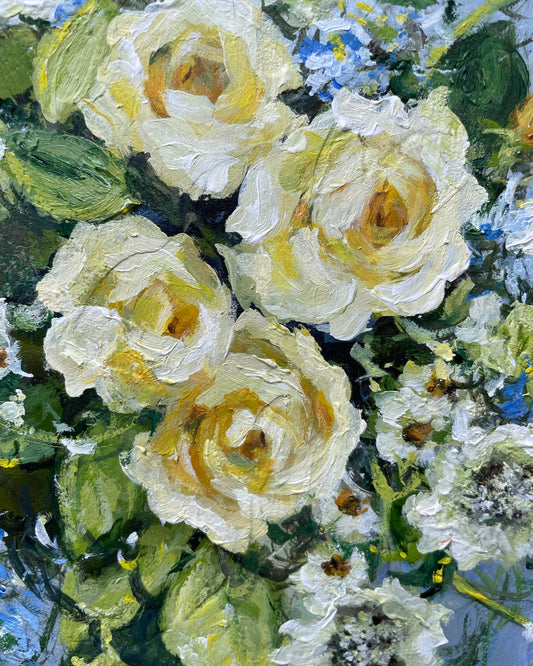 Lemon Yellow Roses on Blue ~ Oval Series