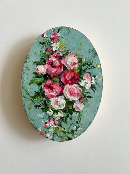 Pink Roses on Tiffany Blue ~ Oval Series