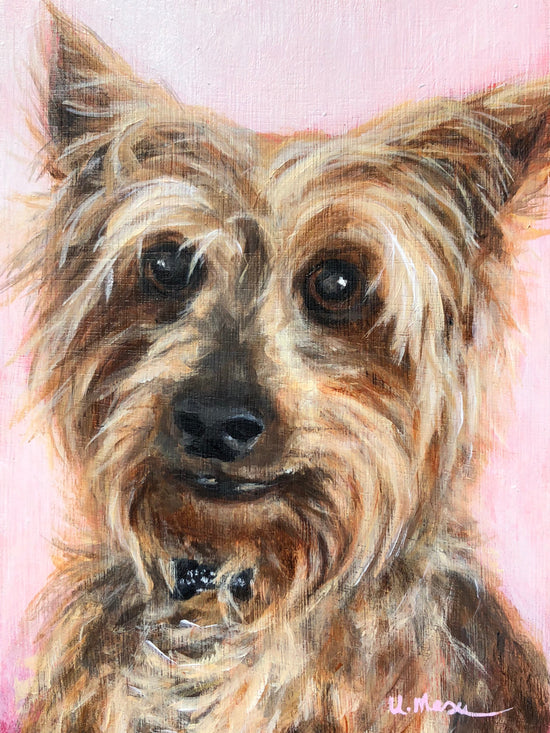 Painting of a dog's face on a pink background