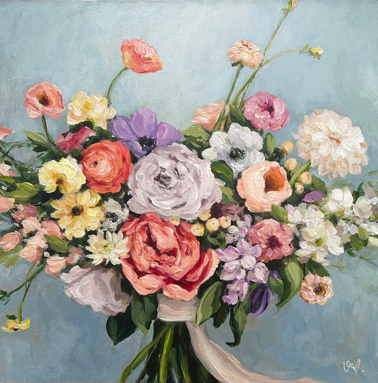 Canadian Artist Ursula Maser, bridal bouquet commission, custom bridal bouquet painting, wedding gift, keepsake art, heirloom art, Canadian bride, preserve wedding flowers, anniversary gift, acrylic painting, oil painting.