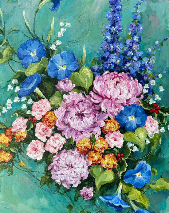 Canadian Artist Ursula Maser, family birth flower commission, custom birth flower painting, custom gift for mom, keepsake art, heirloom art, family tree painting, Canadian art, mothers day gift, anniversary gift, acrylic painting, oil painting, family garden, grandmothers gift. 
