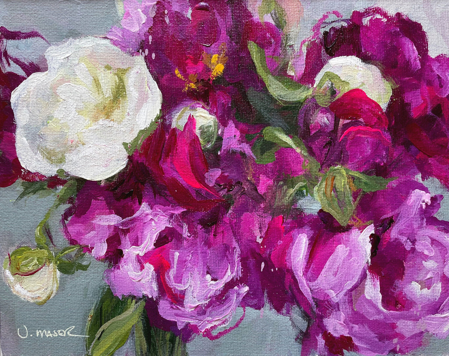 Peonies Study - Original acrylic and pastel. Mixed media floral painting. Impressionistic floral art.